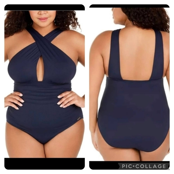 Michael Kors Navy Keyhole Tummy-Control One-Piece Swimsuit Size 24W - Picture 1 of 8